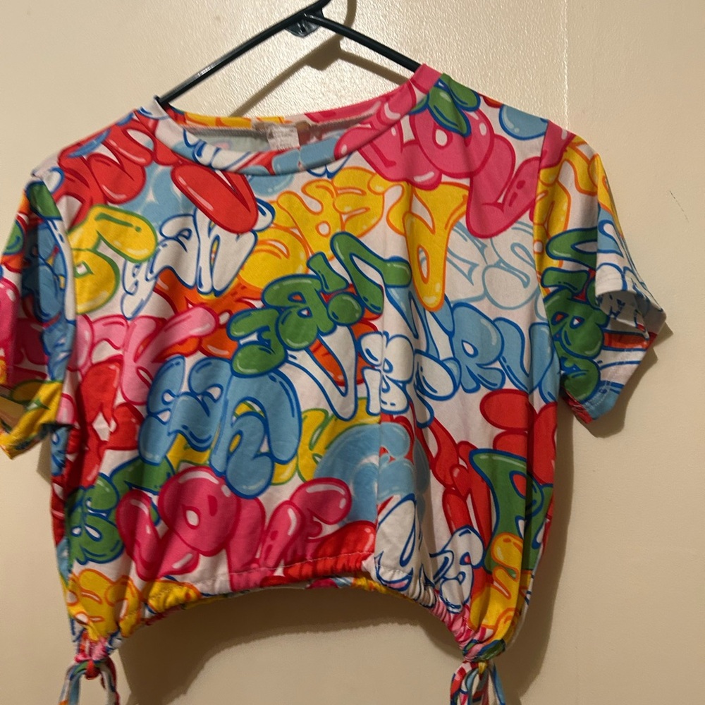 Miroh Vibrant Multicolor Graffiti Print Top Poly Spandex Sz XL Drawstring Hem